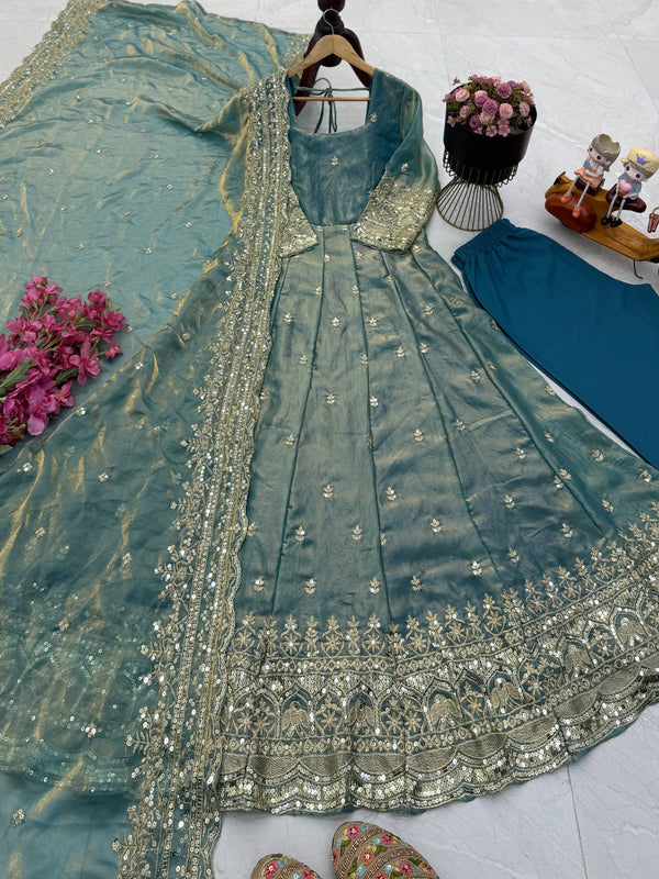 19 COLORS Silk-Finish Sequin Embroidered Gown Pant Dupatta Set ClothsVilla