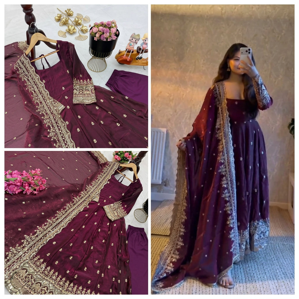 24 COLORS Fendy Silk Sequin Embroidered Gown Pant Dupatta Set ClothsVilla