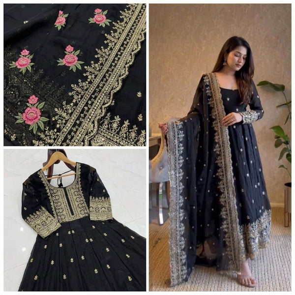24 COLORS Fendy Silk Sequin Embroidered Gown Pant Dupatta Set ClothsVilla