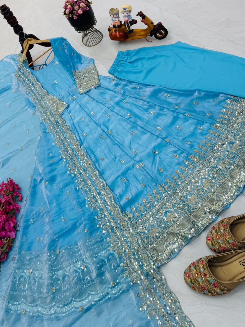 24 Colours Fendy Silk Sequin Embroidered Gown Pant Dupatta Set ClothsVilla