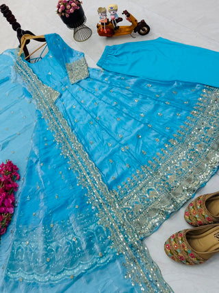 24 Colours Fendy Silk Sequin Embroidered Gown Pant Dupatta Set ClothsVilla
