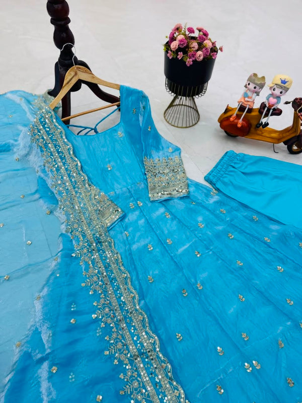 24 Colours Fendy Silk Sequin Embroidered Gown Pant Dupatta Set ClothsVilla