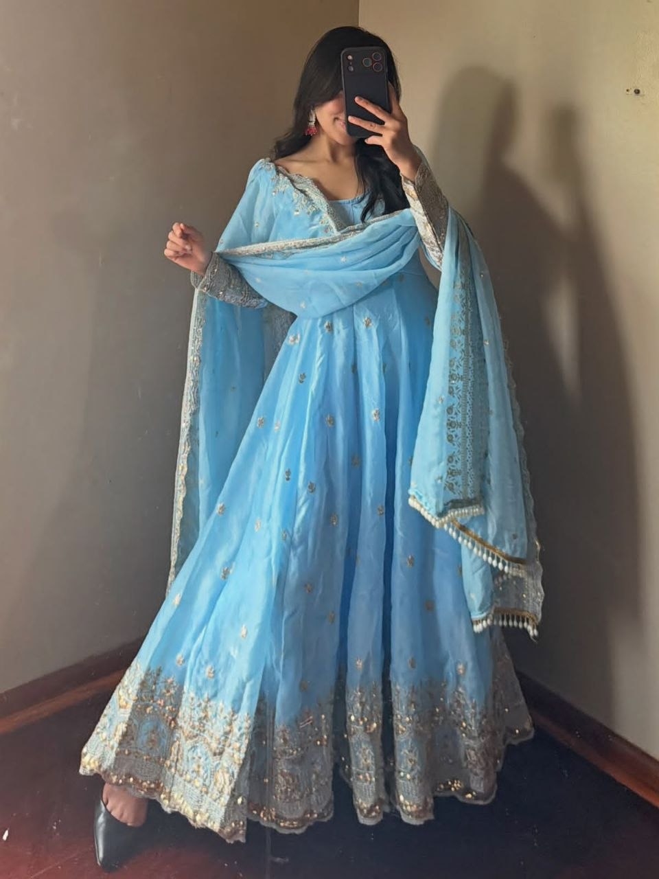 24 Colours Fendy Silk Sequin Embroidered Gown Pant Dupatta Set ClothsVilla