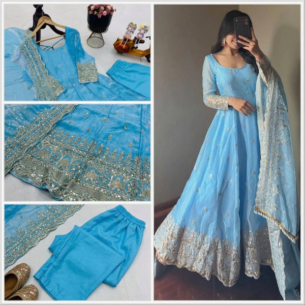 24 COLORS Fendy Silk Sequin Embroidered Gown Pant Dupatta Set ClothsVilla