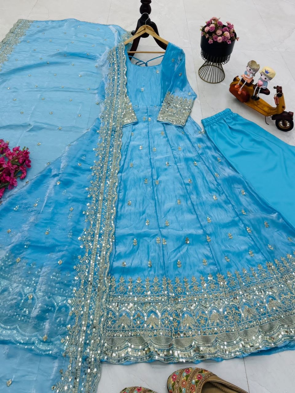 24 Colours Silk-Finish Sequin Embroidered Gown Pant Dupatta Set ClothsVilla