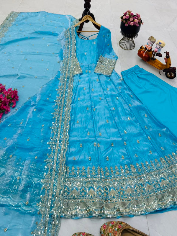 24 Colours Silk-Finish Sequin Embroidered Gown Pant Dupatta Set ClothsVilla