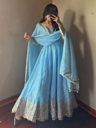 24 Colours Silk-Finish Sequin Embroidered Gown Pant Dupatta Set ClothsVilla