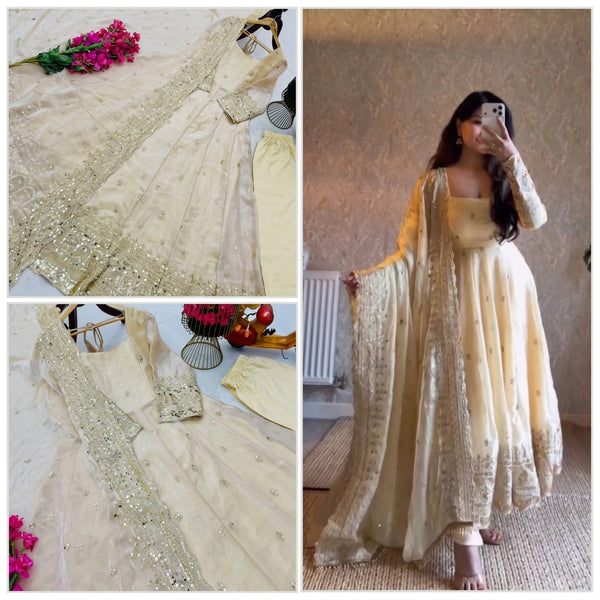 24 COLORS Fendy Silk Sequin Embroidered Gown Pant Dupatta Set ClothsVilla
