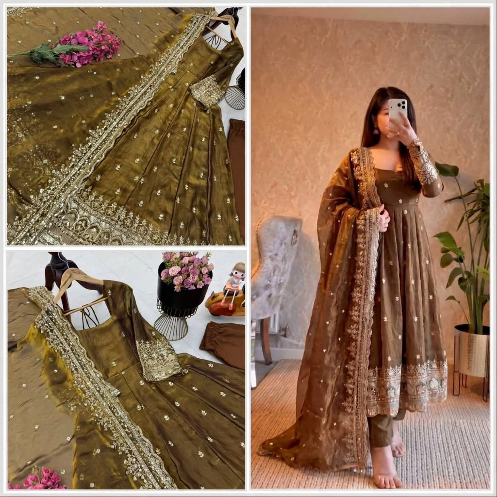 24 COLORS Fendy Silk Sequin Embroidered Gown Pant Dupatta Set ClothsVilla