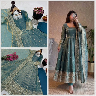 24 COLORS Fendy Silk Sequin Embroidered Gown Pant Dupatta Set ClothsVilla