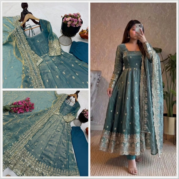 24 COLORS Fendy Silk Sequin Embroidered Gown Pant Dupatta Set ClothsVilla