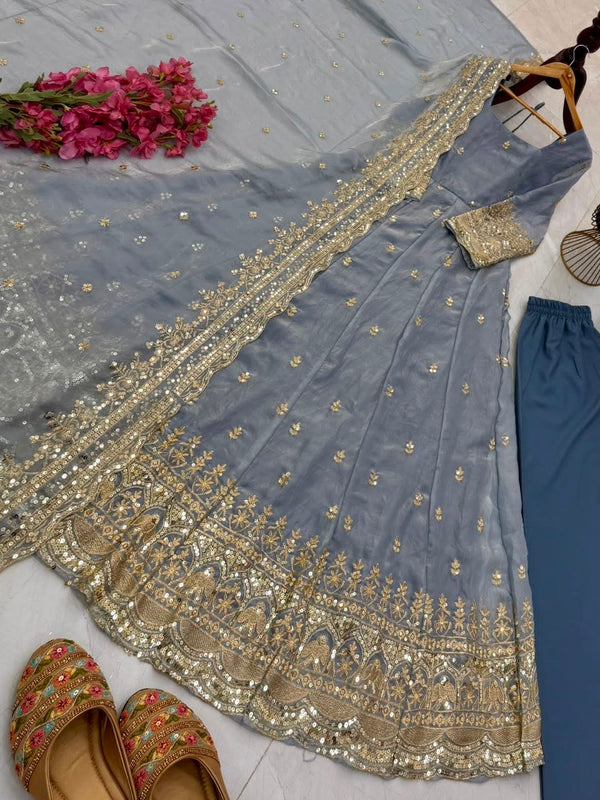 24 Colours Fendy Silk Sequin Embroidered Gown Pant Dupatta Set ClothsVilla