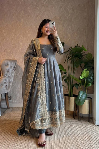 24 Colours Fendy Silk Sequin Embroidered Gown Pant Dupatta Set ClothsVilla