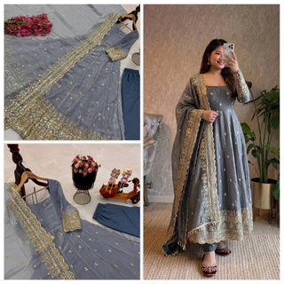 24 COLORS Fendy Silk Sequin Embroidered Gown Pant Dupatta Set ClothsVilla