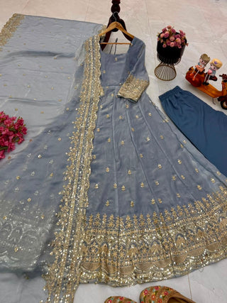 24 Colours Silk-Finish Sequin Embroidered Gown Pant Dupatta Set ClothsVilla