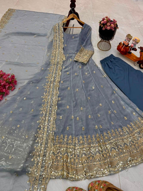 24 Colours Silk-Finish Sequin Embroidered Gown Pant Dupatta Set ClothsVilla
