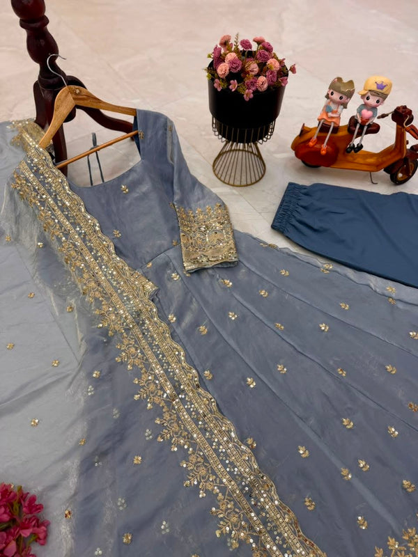 24 Colours Silk-Finish Sequin Embroidered Gown Pant Dupatta Set ClothsVilla