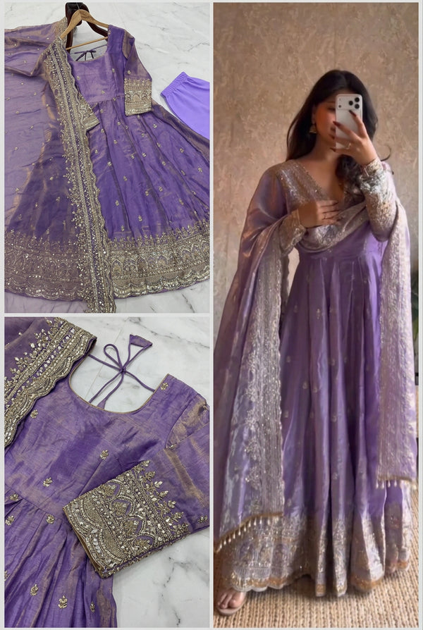 24 COLORS Fendy Silk Sequin Embroidered Gown Pant Dupatta Set ClothsVilla
