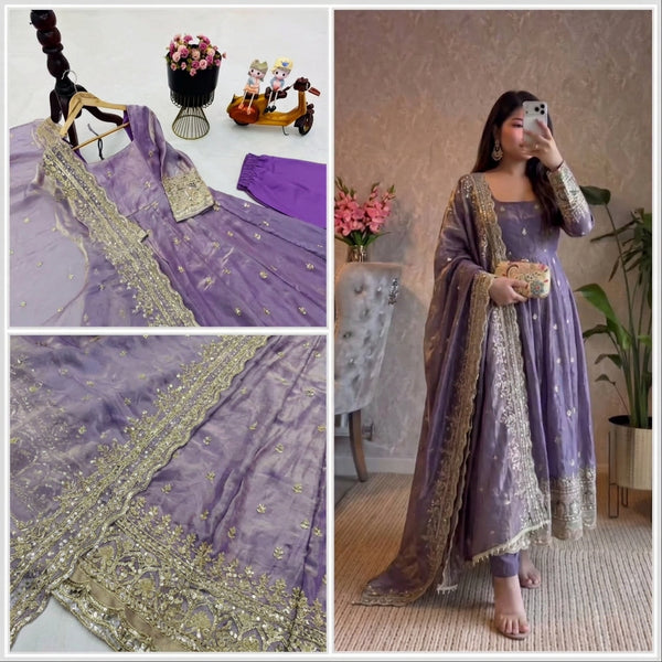 24 COLORS Fendy Silk Sequin Embroidered Gown Pant Dupatta Set ClothsVilla