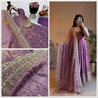 24 COLORS Fendy Silk Sequin Embroidered Gown Pant Dupatta Set ClothsVilla