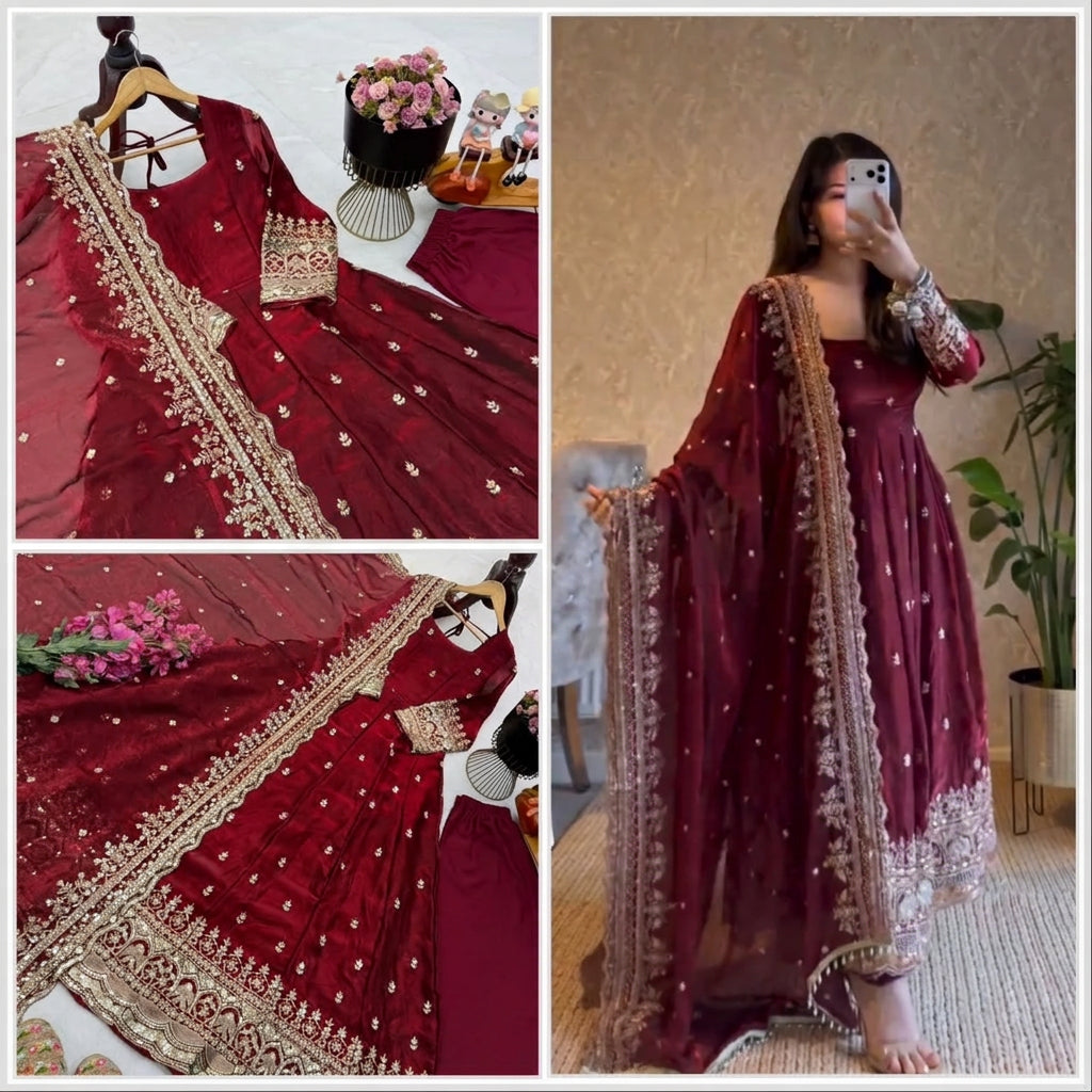 24 COLORS Fendy Silk Sequin Embroidered Gown Pant Dupatta Set ClothsVilla
