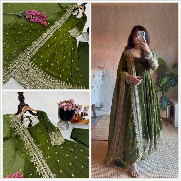 24 COLORS Fendy Silk Sequin Embroidered Gown Pant Dupatta Set ClothsVilla
