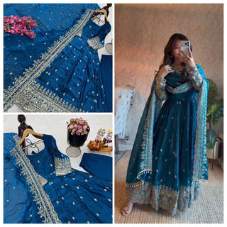 24 COLORS Fendy Silk Sequin Embroidered Gown Pant Dupatta Set ClothsVilla