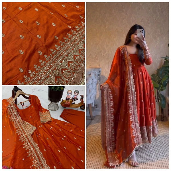 24 COLORS Fendy Silk Sequin Embroidered Gown Pant Dupatta Set ClothsVilla