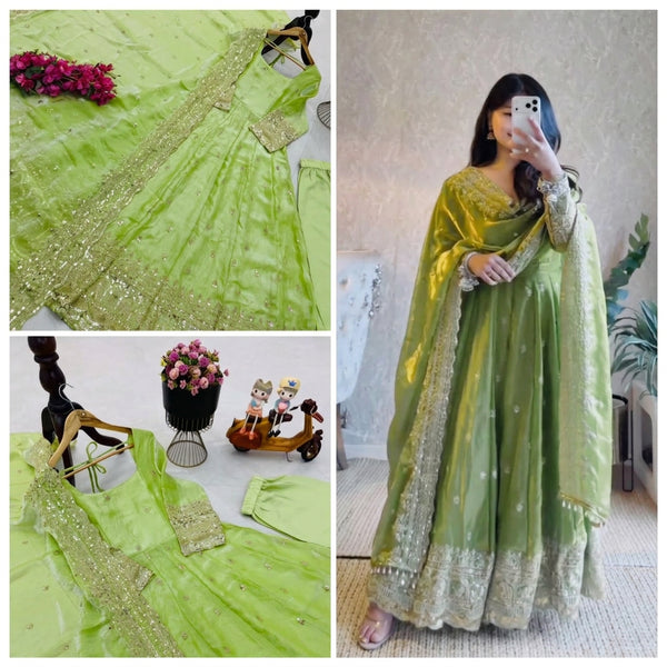 24 COLORS Fendy Silk Sequin Embroidered Gown Pant Dupatta Set ClothsVilla