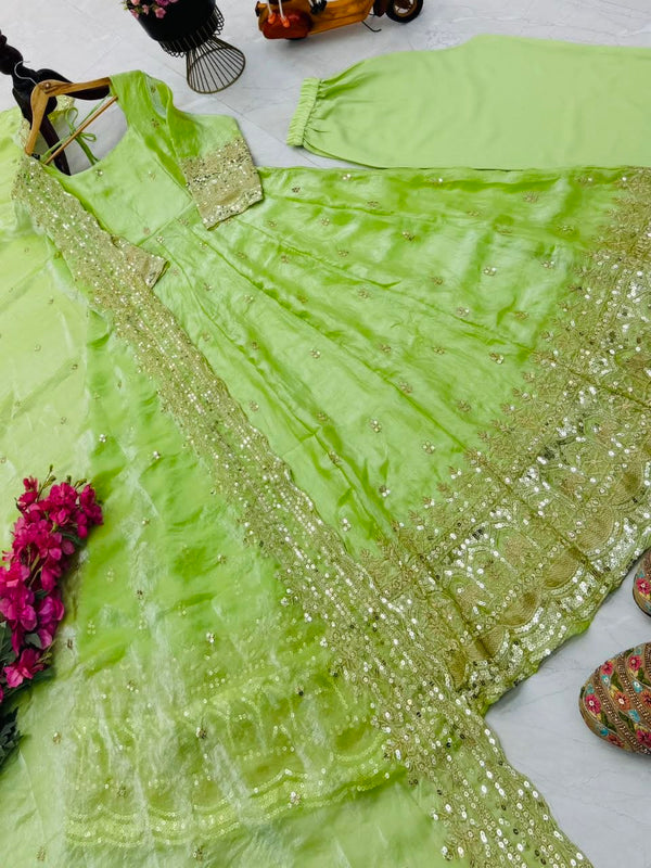 24 Colours Silk-Finish Sequin Embroidered Gown Pant Dupatta Set ClothsVilla