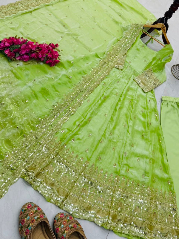 24 Colours Silk-Finish Sequin Embroidered Gown Pant Dupatta Set ClothsVilla