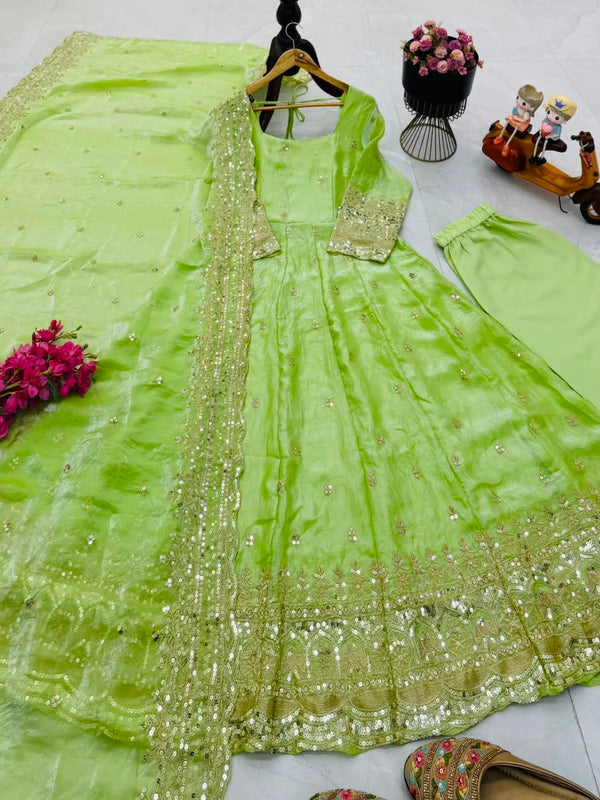24 Colours Silk-Finish Sequin Embroidered Gown Pant Dupatta Set ClothsVilla
