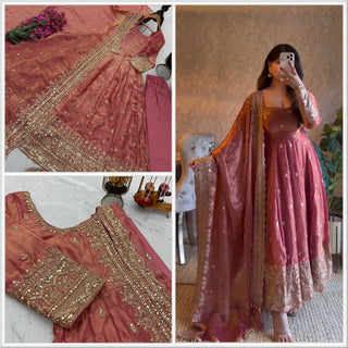 24 COLORS Fendy Silk Sequin Embroidered Gown Pant Dupatta Set ClothsVilla
