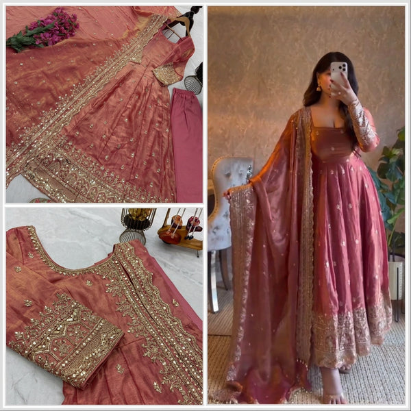 24 COLORS Fendy Silk Sequin Embroidered Gown Pant Dupatta Set ClothsVilla