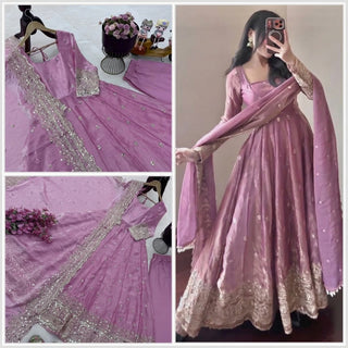 24 COLORS Fendy Silk Sequin Embroidered Gown Pant Dupatta Set ClothsVilla