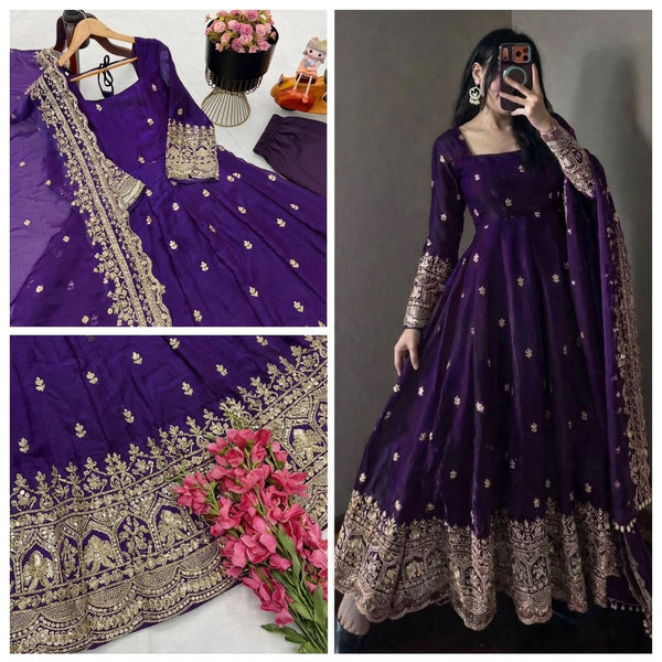 24 COLORS Fendy Silk Sequin Embroidered Gown Pant Dupatta Set ClothsVilla