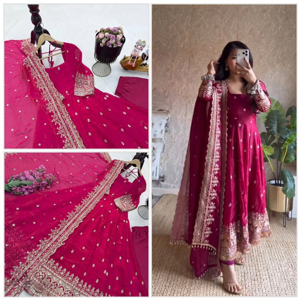 24 COLORS Fendy Silk Sequin Embroidered Gown Pant Dupatta Set ClothsVilla