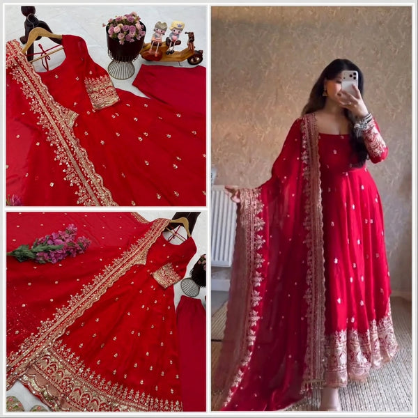 24 COLORS Fendy Silk Sequin Embroidered Gown Pant Dupatta Set ClothsVilla
