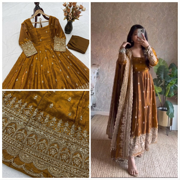 24 COLORS Fendy Silk Sequin Embroidered Gown Pant Dupatta Set ClothsVilla