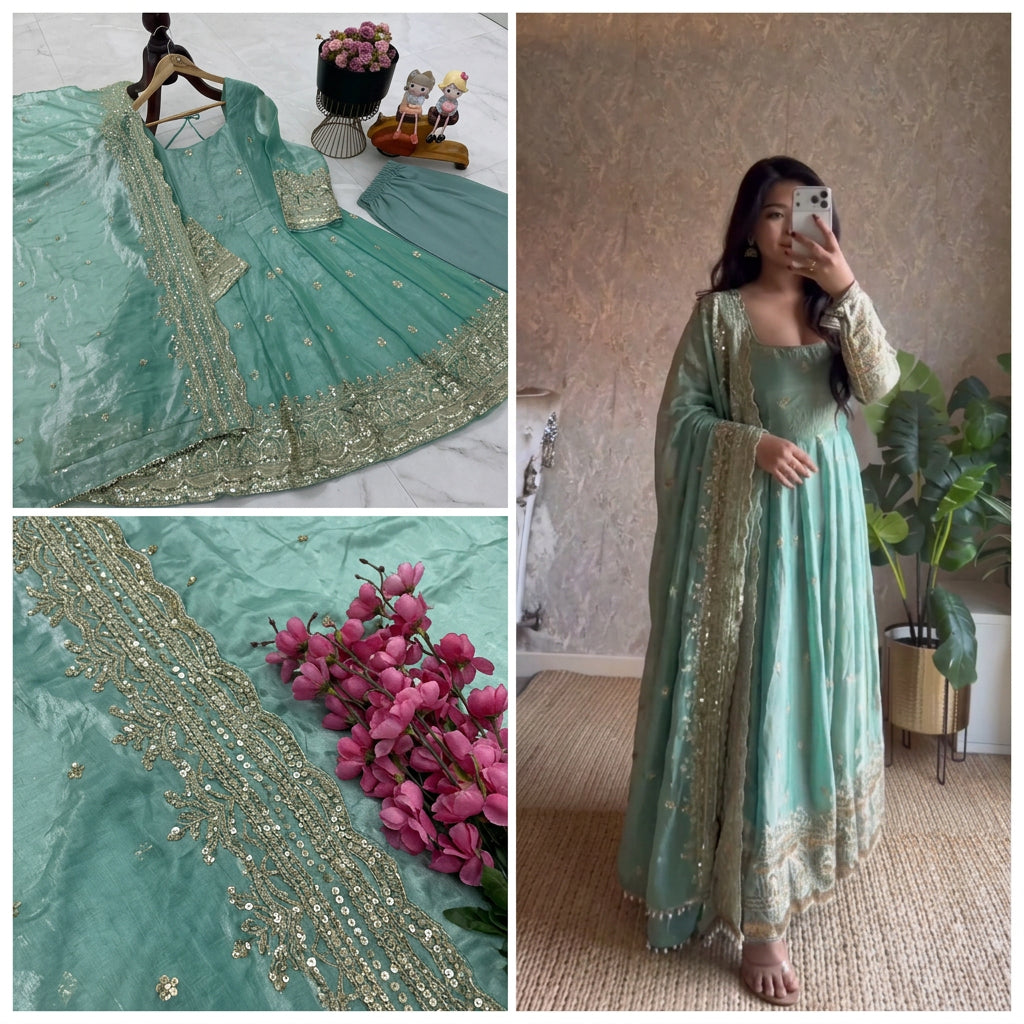 24 COLORS Fendy Silk Sequin Embroidered Gown Pant Dupatta Set ClothsVilla