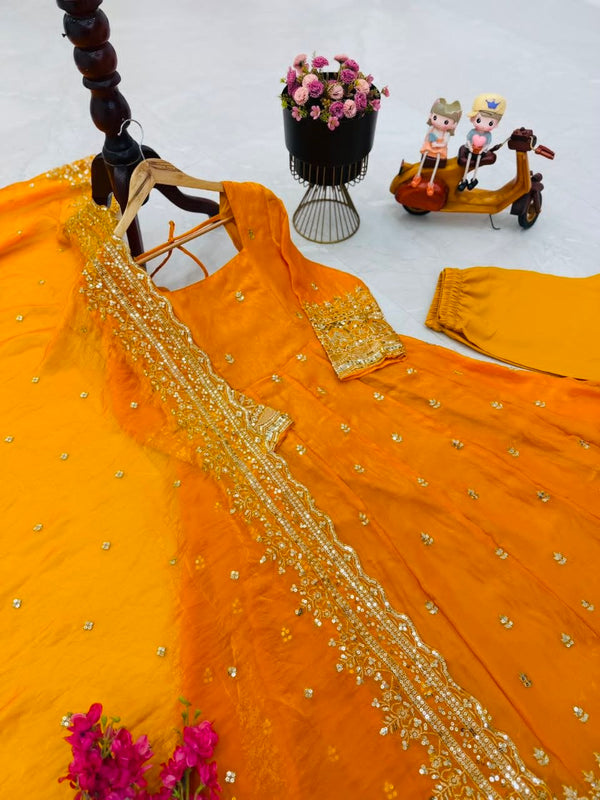 24 Colours Fendy Silk Sequin Embroidered Gown Pant Dupatta Set ClothsVilla