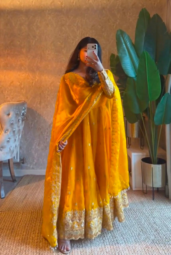 24 Colours Fendy Silk Sequin Embroidered Gown Pant Dupatta Set ClothsVilla