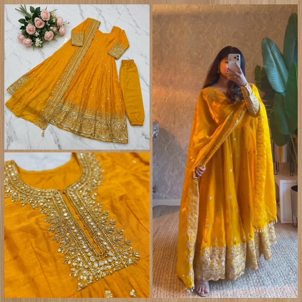 24 COLORS Fendy Silk Sequin Embroidered Gown Pant Dupatta Set ClothsVilla
