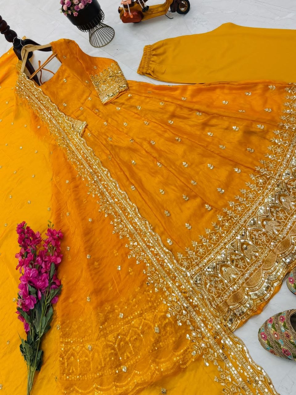 24 Colours Silk-Finish Sequin Embroidered Gown Pant Dupatta Set ClothsVilla