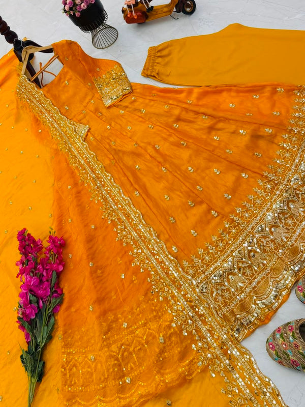 24 Colours Silk-Finish Sequin Embroidered Gown Pant Dupatta Set ClothsVilla
