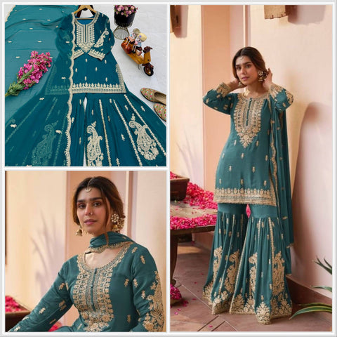 3 IDIOTS Fox Georgette Sharara Suit – Teal Blue, Rani Pink & Mocha Brown ClothsVilla Main image