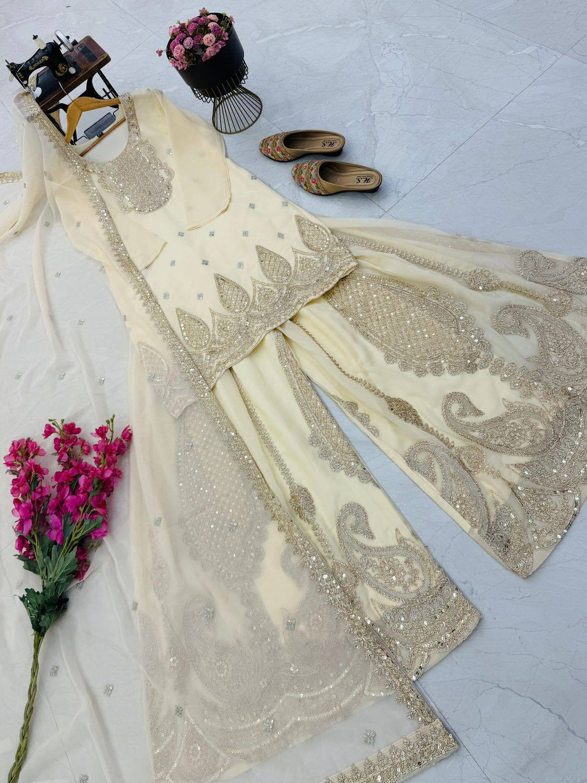 5 STAR Fox Georgette Embroidered Sharara Suit Dupatta Set – Pink, Aqua, Ivory, Yellow & Peach ClothsVilla