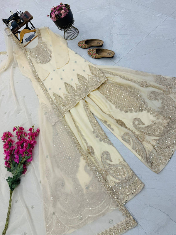 5 STAR Fox Georgette Embroidered Sharara Suit Dupatta Set – Pink, Aqua, Ivory, Yellow & Peach ClothsVilla