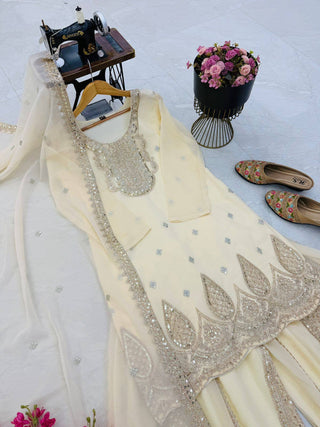 5 STAR Fox Georgette Embroidered Sharara Suit Dupatta Set – Pink, Aqua, Ivory, Yellow & Peach ClothsVilla