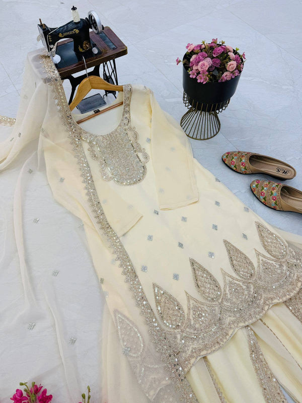 5 STAR Fox Georgette Embroidered Sharara Suit Dupatta Set – Pink, Aqua, Ivory, Yellow & Peach ClothsVilla